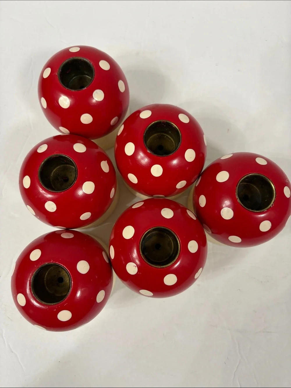 Vintage set of 6 turned wood Fly Agaric Mushroom candlestick holders H~3